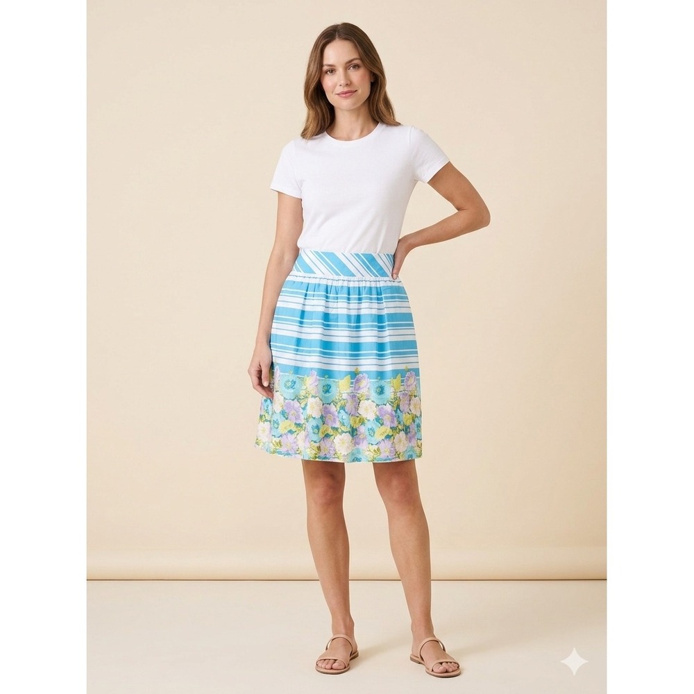 Talbots A-Line Skirt Womens 12 Blue Striped Floral Border Print Summer Cotton